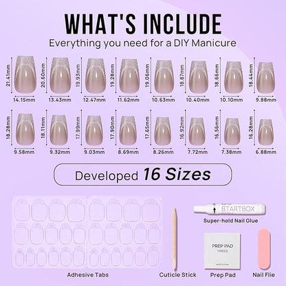 BTArtbox Press On Nails Short - Cat Eye French Tip Press On Nails Coffin, Light Weight & Fit Perfectly Nail Tips, Natural Fake Nail with Glue, Glue On Nails in 16 Sizes - 30 Nail Kit, Milky Way