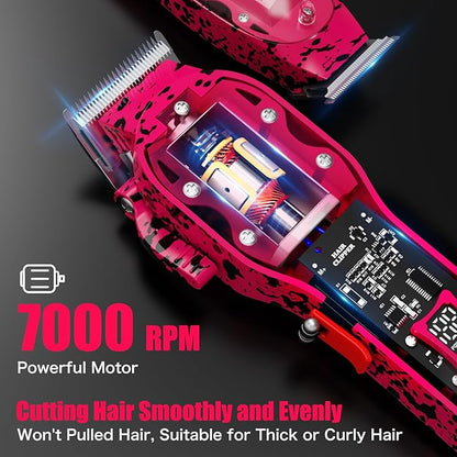 Professional Hair Clippers for Men, Cordless Barber kit for Hair Cutting & Grooming, Pink Hair Clippers and Trimmer Set for Barber Haircut with LED Display, 8 Fade Taper Combs