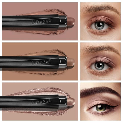 3Pcs Neutral Brown Eyeshadow Stick Set, Matte And Shimmer Creamy Eyeshadow Pencil, Shiny Pink Shadow, Waterproof Long Lasting Smoky Eye Makeup