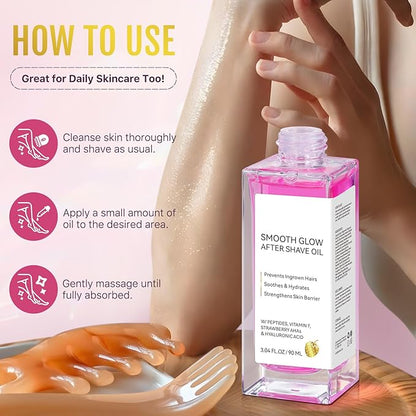 After Shave Oil, Women's Smooth Glow After Shave Oil 90ml - Prevent Ingrown Hairs & Razor Bumps, Strawberry AHA & Peptides for Soothing Hydration, Fast Absorbing, Vegan, Sensitive Skin Care