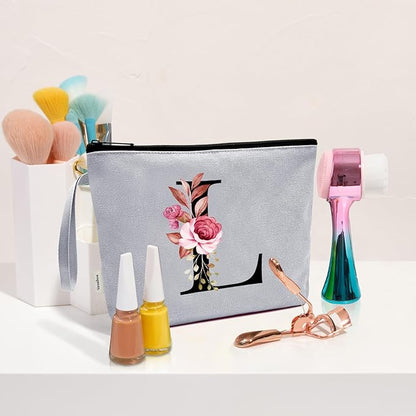 Vavabox A-Z Personalized Makeup Bag, Birthday Gifts for Women Mom, Gifts for Best Friend, Bride Bridesmaid Cosmetic bag (L, Grey)