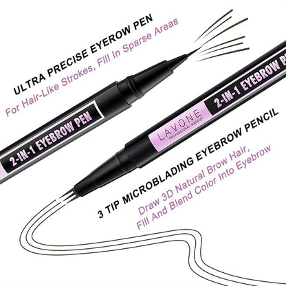 LAVONE Eyebrow Pencil, 2-In-1 Waterproof Eyebrow Pen, with 3 Tip Microblading Eyebrow Pen and Ultra-Precise Brow Pencil, Dual-ended Eyebrow Brush, for Eyebrow Makeup - Ebony