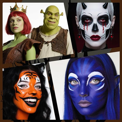 Black White Light Green Face Body Paint Stick Set with Translucent Setting Powder and Sponges, Professional Full Coverage Face Painting for Adult Halloween Cosplay SFX Witch Hulk Monster Makeup