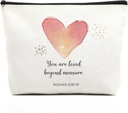 Christian Gifts for Women Religious Bible Verse Makeup Bag Inspirational Scripture Nursery Decor Gift Bag Birthday Christmas Gift Ideas for Her Friends You Are Loved Beyond Measure Romans 8:38-39