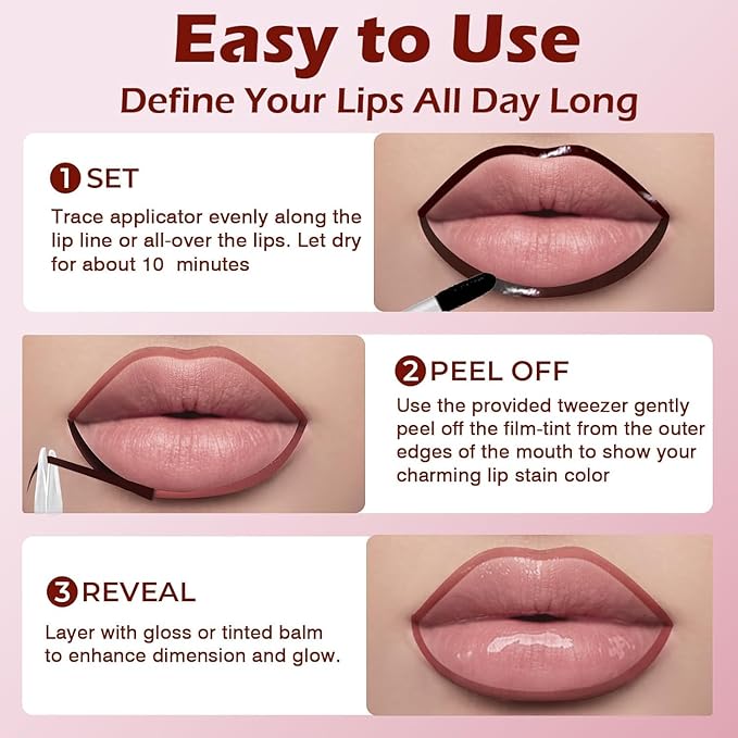 Lip Liner Stain Peel Off with Tweezer, Long Lasting Matte Lip Tattoo, Highly Pigmented Color Lip Makeup, Waterproof, Transfer-proof Lipstain for Women, WARM ROSE