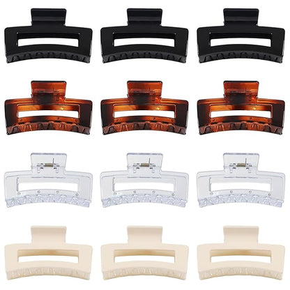 3.5 Inch Medium Square Claw Hair Clips, 12 Pcs Transparent, Amber, Glossy Black for Thick and Thin Hair - Hair Accessories for Women and Girls