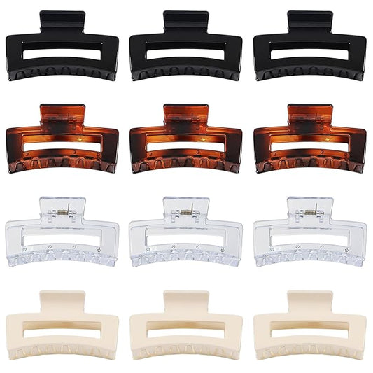3.5 Inch Medium Square Claw Hair Clips, 12 Pcs Transparent, Amber, Glossy Black for Thick and Thin Hair - Hair Accessories for Women and Girls
