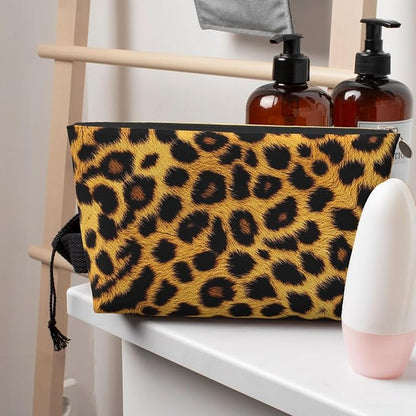Womens Leather Makeup Bag Cosmetic Bag Travel Toiletry Bags Make Up Bags for Women Adult (Leopard Pattern)
