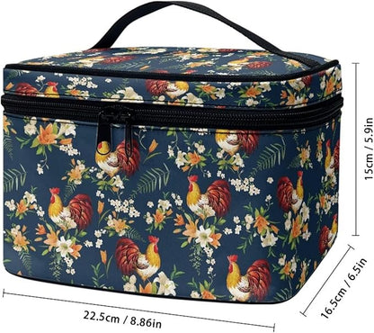 JoyLamoria Chicken Floral Toiletry Bag Case Durable Cosmetic Bag Makeup Box Zipper Pouch