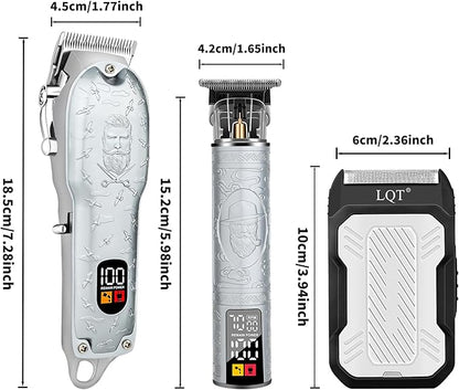 Professional Silver Hair Clippers for Men Cordless Barber Kit with Trimmer, Stainless Steel Blades, Adjustable Lever, LED Display, Type-C Charging Grooming Set Gifts,Ideal for Home Baber & Travel