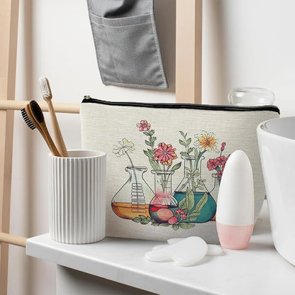 Science Teacher Gifts Makeup Bag - Floral Beakers Cosmetic Pouch