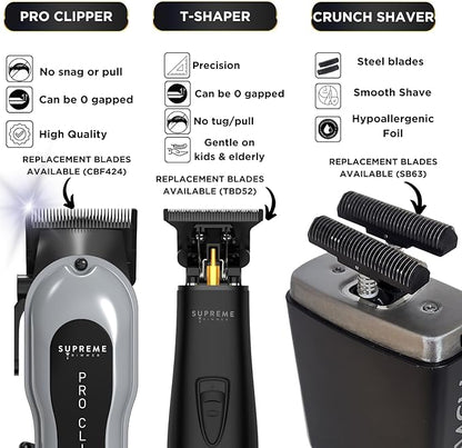 Supreme Trimmer 3-in-1 Barber Bundle | Pro Clipper Lite, DLC T-Shaper Trimmer & Crunch Foil Shaver | Professional Beard Trimmer Men’s Hair Clipper Kit | Black Lite Bundle