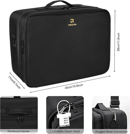 Relavel Large Makeup Organizer Profession Makeup Bag Extra Large Makeup Case with Adjustable Dividers, Adjustable Angle Fixed Belt and Shoulder Strap Plastic Dividers