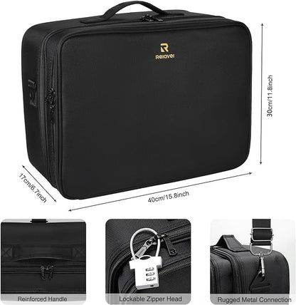 Relavel Extra Large Makeup Case with Plastic Dividers Washable and Easy to Clean, Travel Makeup Train Case Professional Makeup Artist Bag Portable Nail Organizer Box Art Supply Case (Black)