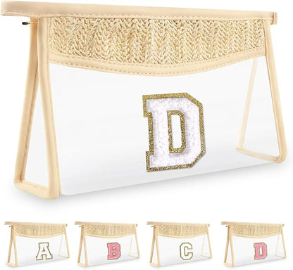 Personalized Initial Letter Bag Boho Straw Clear Makeup Bag,Small Cute Chenille Varsity Letter Bag With Zipper,Beach Travel Toiletry Bag,Portable Monogrammed Cosmetic Bag for Women Girls,D