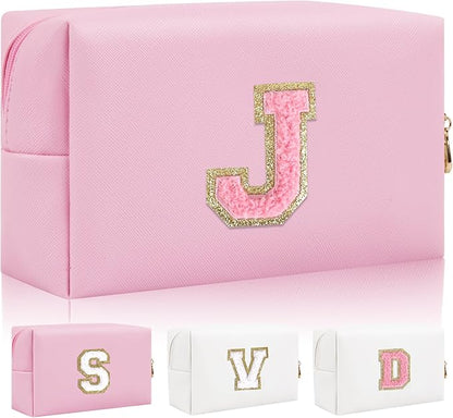 Personalized Initial Letter Patch Makeup Bag, Preppy Small Chenille Cosmetic Bag with Zipper, PU Leather Waterproof Travel Toiletry Bag Monogram Make Up Pouch for Women Girls