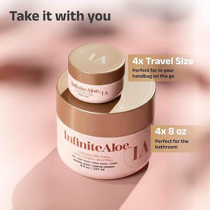InfiniteAloe Complete Skin Care, Aloe Vera Powered Face and Body Cream for All Skin Types, Dry Skin Everyday Hero, Original Scent - 4 Large Jar 8 oz & 4 Travel Jar 0.5 oz