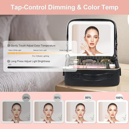 Makeup Case with LED Light Mirror, Professional Portable Travel Cosmetic Organizer Bah with Adjustable Dividers, USB Charging, Large Capacity, Ideal for Travel, Gift for Women Girls, Black