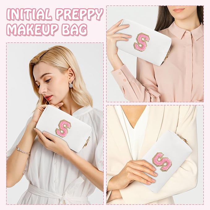 Small Travel Initial Preppy Makeup Bag, White Cute Cosmetic Organizer Toiletry Zipper Pouch Make Up Bag for Purse, Waterproof Chenille Letter Makeup Storage Personalized Gift for Sister Mom(Letter S)