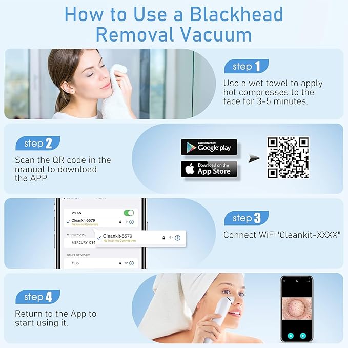 Facial Pore Blackhead Remover Vacuum, 1080P Camera Blackhead Remover, 20x Zoom, 8 LEDs ＆ 3 Suction Modes, 800mAh Battery & USB - 6 Heads Pore Cleaner Kit for Women&Men(Blue)