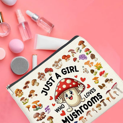 Mushroom Gifts Makeup Bag Mushroom Gifts for Women Teen Girls Sister Friend, Mushroom Lovers Gifts, Just a Girl Who Loves Mushrooms Zipper Makeup Pouch