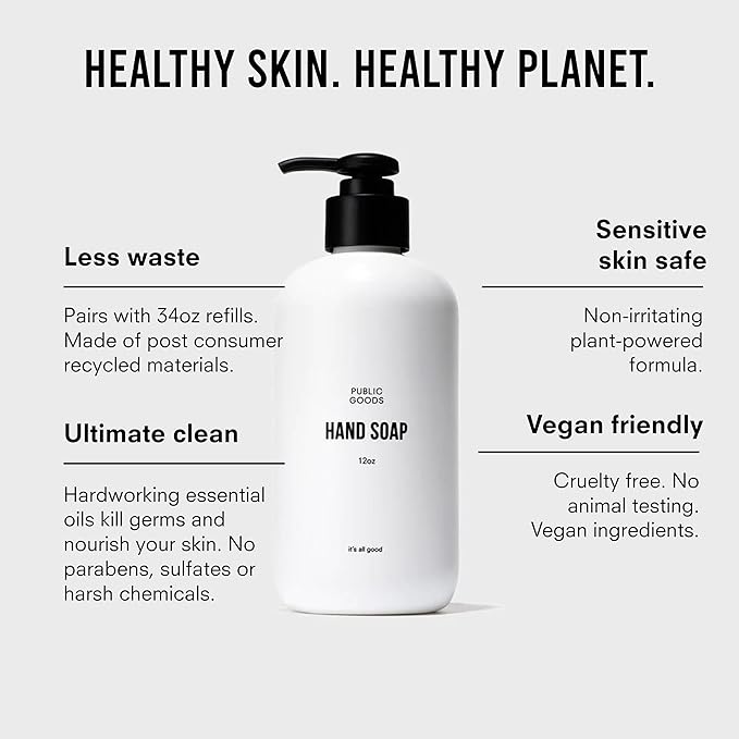 Public Goods Hand Soap | Cleansing Soap for Kitchen & Bathroom | Made with Natural Essential Oils | Paraben & Sulfate Free | Vegan Friendly | Made in Canada | 12 Fl Oz Bottle with Dispenser Pump
