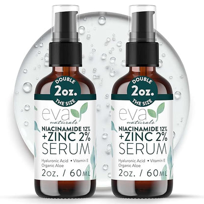 Eva Naturals Niacinamide 12% + Zinc Serum for Face – Dark Spot Remover, Pore Minimizer, Redness Relief, Hydrating Vitamin B3 with Botanical Hyaluronic Acid, Anti-Aging Serum for Clear Skin (2 Pack)