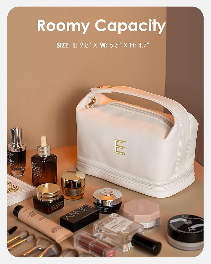 Girlfriend Gifts, Personalized Makeup Bag with Handle, Initial Double Layer Cosmetic Bag with Makeup Brush Organizer, PU Leather Travel Toiletry Bag Gifts for Women Her Friend Sister Mom Gift