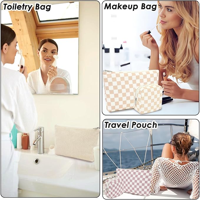 Checkered Makeup Bag, Travel Cosmetic Bag Organizer Toiletry Bag Make Up Bags with Zipper & Compartments for Women Girls