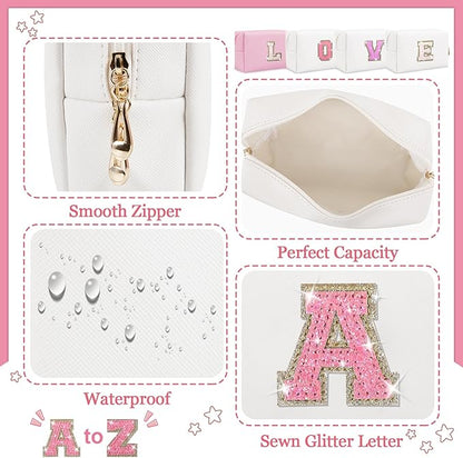 Personalized Initial Letter Makeup Bag, Preppy Glitter Letter Patch Cosmetic Pouch Zipper,PU Waterproof Travel Toiletry Bag Cute Makeup Organizer Monogrammed Make Up Bag,Gift for Women Girls(Letter A)