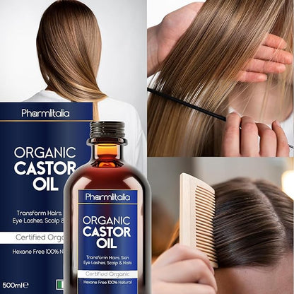 Caster Oil Organic Cold Pressed Unrefined Glass Bottle - Organic Golden Castor Oil for Face, Scalp, Eyelashes, Skin Care and Nails - Aceite De Castor Organico Puro - 500ml