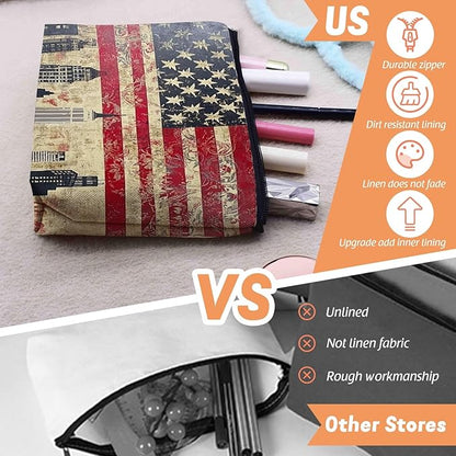 Cosmetic Bags Travel Makeup Toilet Case Waterproof Pouch for Women Girls 6.7X9.45inches - American Flag And Urban Skyline Fusion