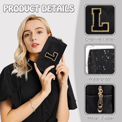 Personalized Initial Preppy Travel Makeup Bag Organizer, Small Black Cute Cosmetic Bag Toiletry Zipper Pouch for Purse, Portable Waterproof PU Make Up Case Birthday Gift for Her Mom Teacher(Letter L)