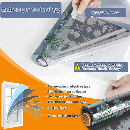 One Way Privacy Film, Window Tint for Home,Daytime Reflective, Anti UV Static Cling Sliding Door Coverings No Glue Garage Solar Paper (Silver -Daisy, 17.5 x 78.7 in)