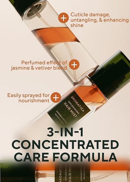 AROMATICA Replenishing Hair Mist Jasmine & Vetiver - Leave-in Conditioner Spray & Blow Out Hair Perfume Oil for Women - Silicone-Free, Detangling, Smoothing & Moisturizing (3.3fl oz)