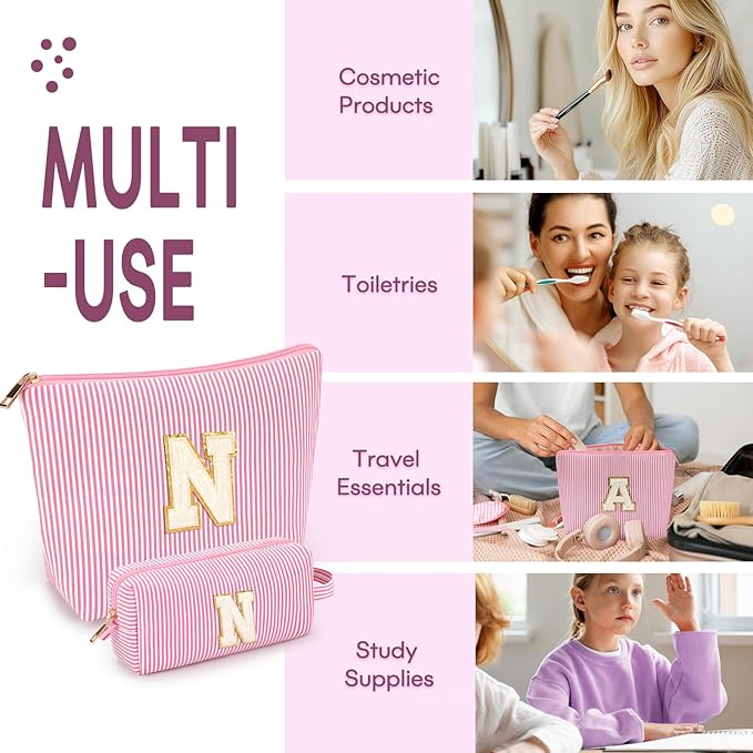 2 PCS Initial Makeup Bags for Women: Cosmetic Bag for Travel Toiletry - Birthday Gifts for 11 12 13 14 15 16 17 18 Years Old Girl Graduation Teacher Gift- Teen Girl Gifts Trendy Stuff - Pink N