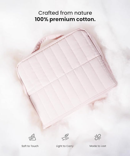 APT 1101 Standing Makeup Bag, Travel Makeup Organizer with Magnetic Fold-Down Design, Portable makeup Case with Compartments for Brushes & Tools (Light Pink)
