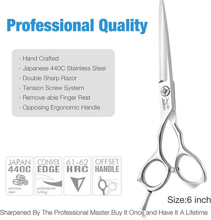 JASON 6 Inch Left Handed Barber Hair Cutting Scissors Professional Salon Shears Razor Edge Hairdressing Scissor Japanese Stainless Steel Reversible Haircut Shear for Men Women Christmas Gift