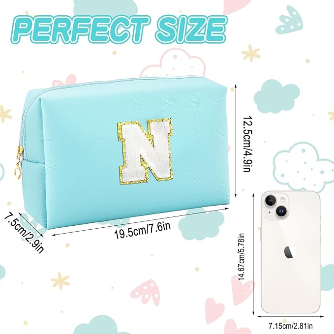 Gifts for Girls Initial Makeup Bag Personalized Cosmetic Bag with Zipper Cute Travel Toiletry Bag Waterproof PU Preppy Makeup Pouch Birthday Gift for Teen Girls Women(Blue N)