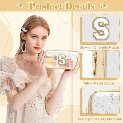 Personalized Initial Letter Clear Makeup Bag,Preppy Small Nylon&PVC Cosmetic Zipper Bag with Chenille Letter,Portable Beach Travel Skincare Toiletry Bag,Trendy Monogram Gift for Teen Girls Women,S