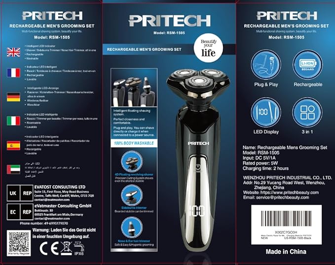Electric Razor for Men - Rechargeable Electric Shaver for Men, Waterproof Wet Dry Cordless Razor with Nose Hair Trimmer and Sideburns Trimmer