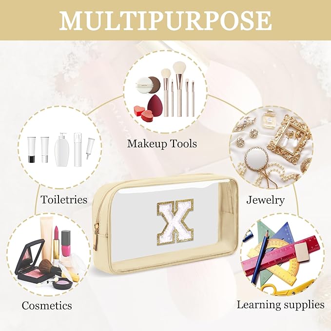Small Clear Personalized Initial Makeup Bag, Preppy A-Z Chenille Letter Patch Cosmetic Bag, Cute Transparent Nylon Waterproof Zipper Beach Varsity Letter Pouch, Gift for Women Girls(Beige-White X)