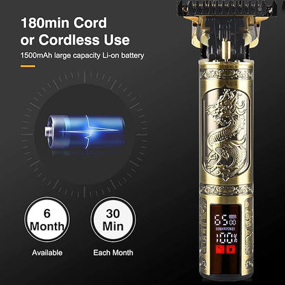 Professional Hair Clippers for Men Electric Haircut Kit Hair Trimmer Grooming Waterproof Rechargeable Close Cutting T Blade Trimmer USB Rechargeable Clippers for Hair Cutting (LED-Dragon)
