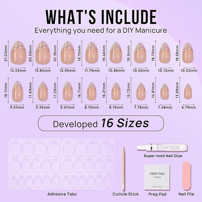 BTArtbox Short Almond Press On Nails - Aurora French Tip, Spring Glue On for Gifts, Natural Stick On in 16 Sizes - 30 Fake Nails Kit, Athena
