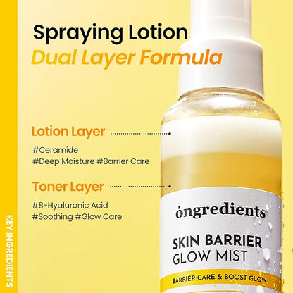 ONGREDIENTS Skin Barrier Glow Mist, Dual-Layer Facial Mist, 98% Pure Glutathione, Multi-Peptide, Centella, Ultra-Fine Spray, Cooling, Dry and Sensitive Skin, Korean Skin Care, 3.38 fl. oz. / 100ml