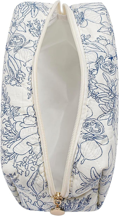 JOVAKIT Square Makeup Bag Cute Cosmetic Bag for Women, Floral Coquette Aesthetic Toiletry Bag, Zipper Make Up Pouch, Travel Make Up Organizer Bag (Navy Blue Flower)