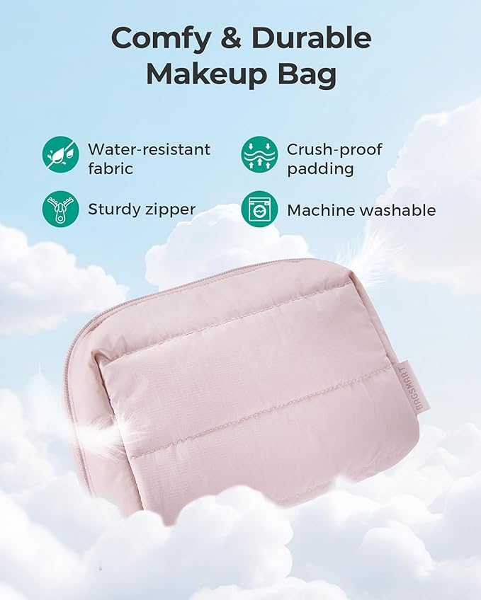 BAGSMART Puffy Makeup Bag, Wide Opening Cosmetic Bag Compact & Spacious, Water-Resistant Travel Organizer Pouches for Women (Baby Pink)