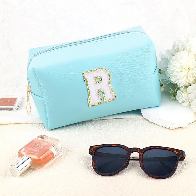 Gifts for Girls Initial Makeup Bag Personalized Cosmetic Bag with Zipper Cute Travel Toiletry Bag Waterproof PU Preppy Makeup Pouch Birthday Gift for Teen Girls Women(Blue R)
