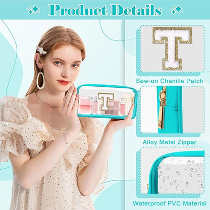 Personalized Initial Letter Clear Makeup Bag,Preppy Small Nylon&PVC Cosmetic Zipper Bag with Chenille Letter,Portable Beach Travel Skincare Toiletry Bag,Trendy Monogram Gift for Teen Girls Women,T