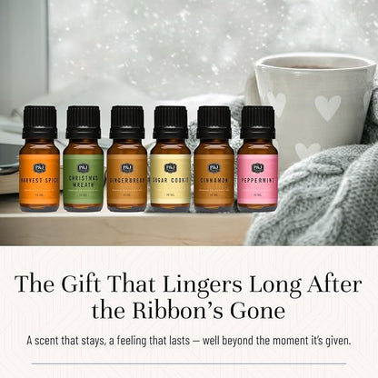 P&J Trading Fragrance Oil Winter Set | Cinnamon, Gingerbread, Sugar Cookies, Harvest Spice, Peppermint, and Christmas Wreath Candle Scents for Candle Making, Freshie Scents, Soap Making Supplies